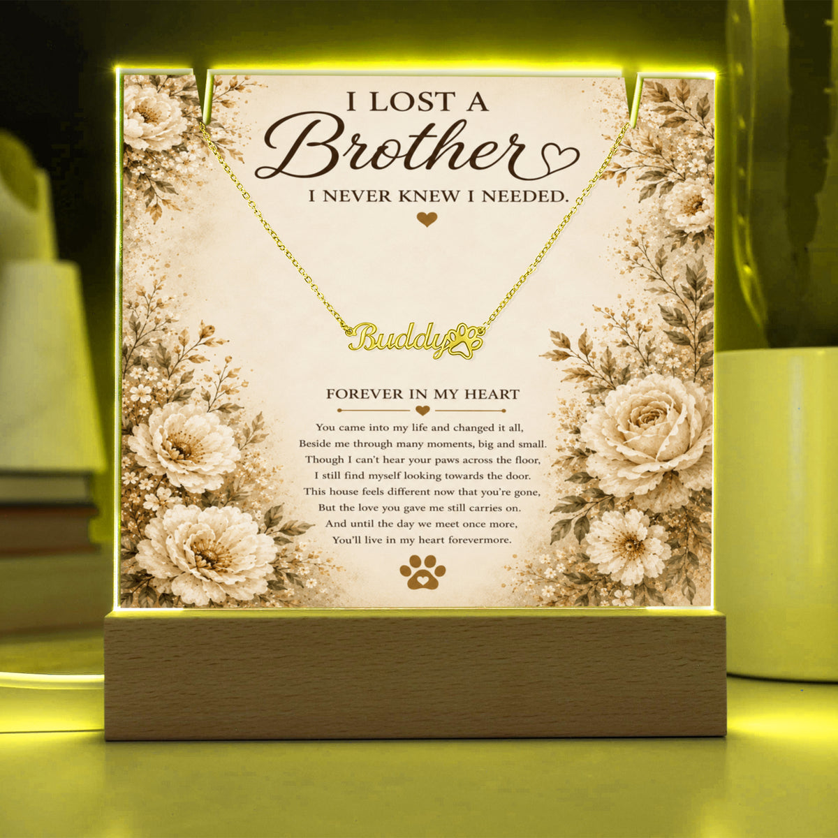 Personalized Pet Memorial Keepsake With Paw Print Name Necklace | Loss of a Brother Memorial