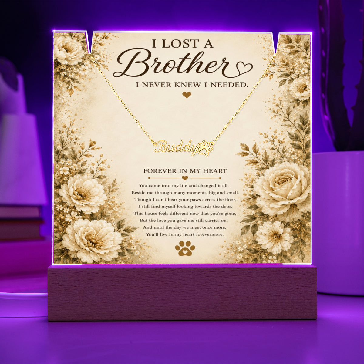 Personalized Pet Memorial Keepsake With Paw Print Name Necklace | Loss of a Brother Memorial