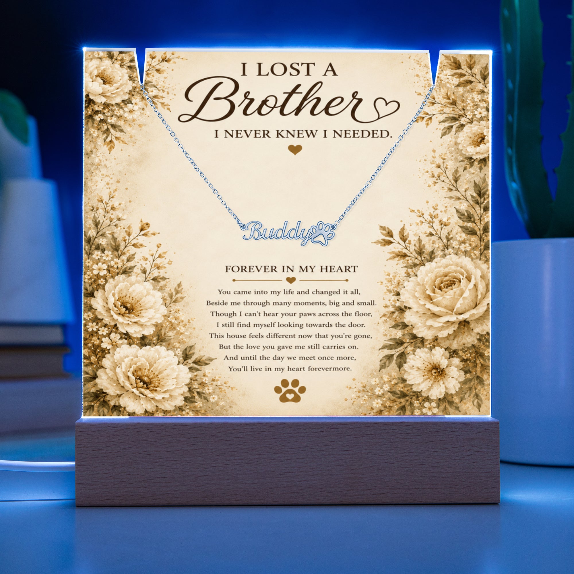 Personalized Pet Memorial Keepsake With Paw Print Name Necklace | Loss of a Brother Memorial